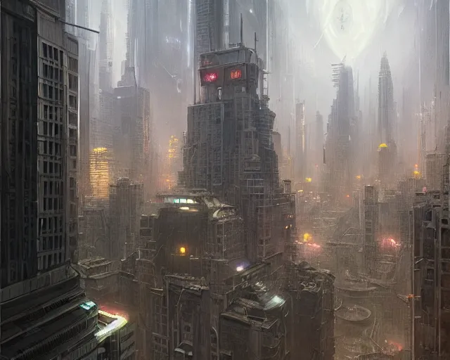 Prompt: great city being watched over by an all-seeing malevolent AI, a sci-fi digital painting by Greg Rutkowski and James Gurney, trending on Artstation, eerily beautiful, highly detailed