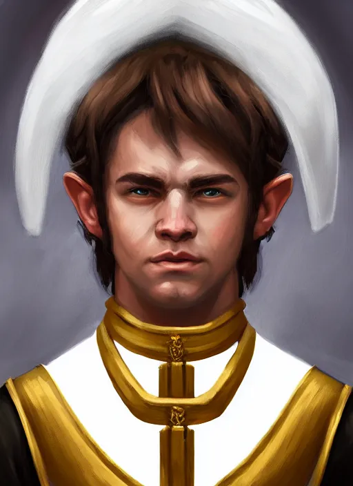 Image similar to symmetry!! oil painting digital art dungeons & dragons facial portrait of a halfling male cleric, with a ponytail, white robe with gold accents, white and brown robe with gold accents, necklace of a footprint, elegant, highly detailed, digital painting, artstation, concept art, sharp focus, illustration