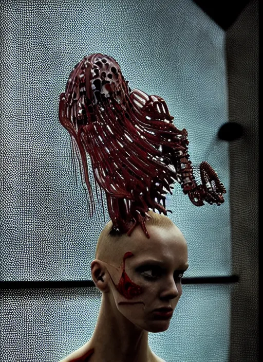 Image similar to walking down the catwalk, steven klein, show, stage, vogue photo, podium, fashion show photo, iris van herpen, beautiful woman, full body shot, helmet on face, masterpiece, plant predator, guyver, jellyfish, biomechanical details, movie still, fauvism, cinestill, bokeh, gelios lens