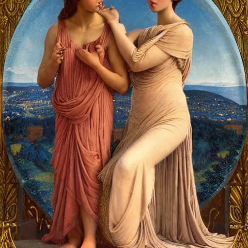 Prompt: the night crown, by John William Godward and Annie Swynnerton, embroidered robes, starry tattoos, elaborate costume, geometric ornament, symbolist, soft colors, dramatic lighting, smooth, sharp focus, extremely detailed