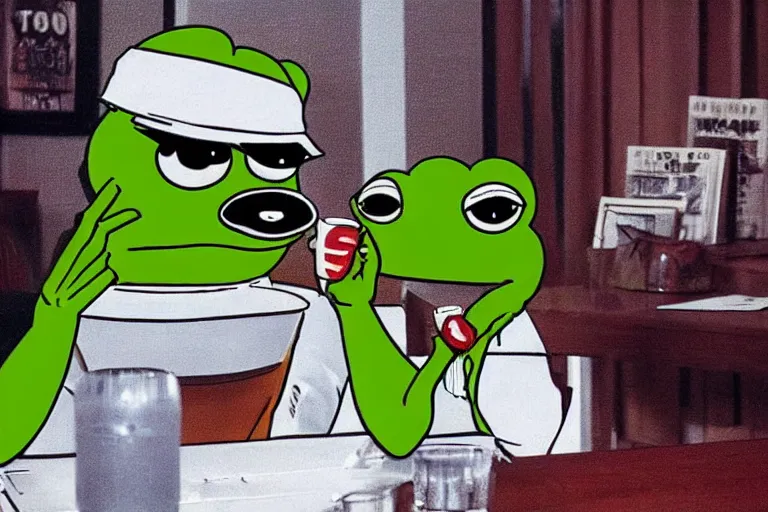 Image similar to pepe the frog in a tony montana costume drinking coffee in the office, 8 0 s style, cinematographic photo