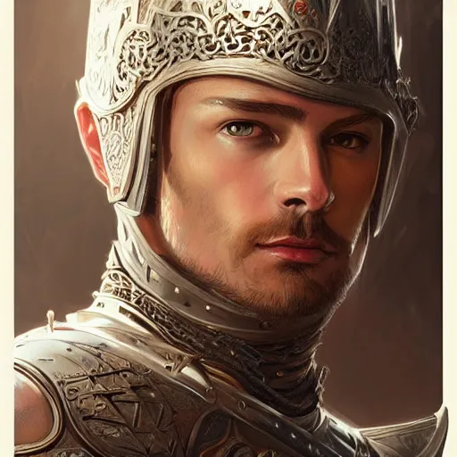 Prompt: portrait of a male knight, D&D, fantasy, intricate, elegant, highly detailed, digital painting, artstation, concept art, smooth, sharp focus, illustration, art by artgerm and greg rutkowski and alphonse mucha