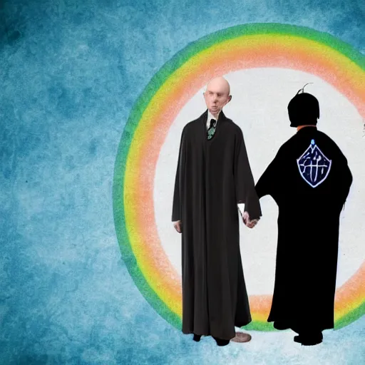 Image similar to voldemort and harry potter hugging, pride flag background