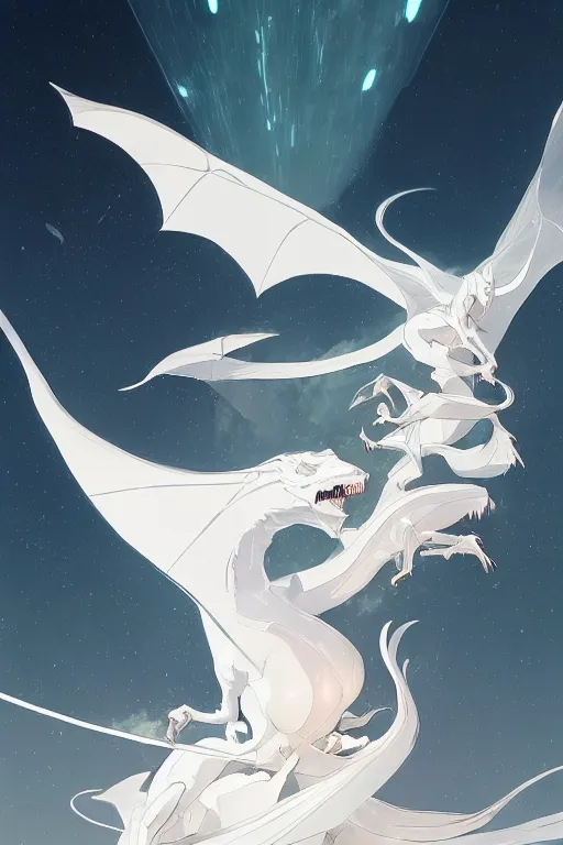 Image similar to vanishing point, white hair eva riding on the white dragon's neck ready to fight, by victo ngai and makoto shinkai, partner, global illumination, radiant light, minimalist, unreal engine 5, concept art ，, digital painting, artstation, smooth, sharp foccus, artstation hq