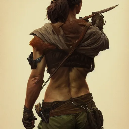 Image similar to back portrait of a rugged female ranger, full body, hairy torso, D&D, fantasy, intricate, elegant, highly detailed, digital painting, artstation, concept art, matte, sharp focus, illustration, art by Artgerm and Greg Rutkowski and Alphonse Mucha
