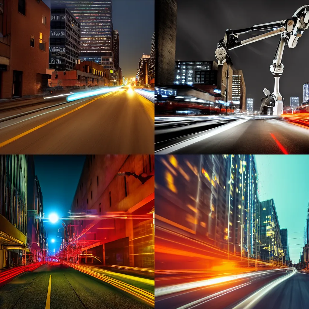 Prompt: industrial robot arm rampaging through the streets of detroit at night, horror, motion blur, 4K photo