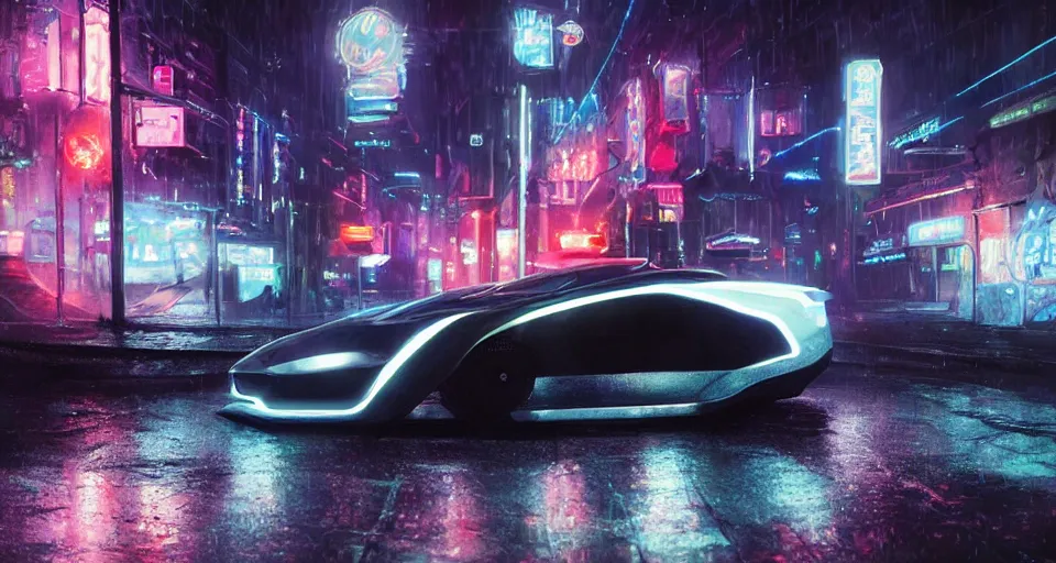 Image similar to product shot of a tron tesla light cycle car on wet city street at night, intricate, hyper detailed, smooth, high contrast, neon, volumetric lighting, octane, moebius, greg rutkowski, blade runner, ripley scott, cindmatic