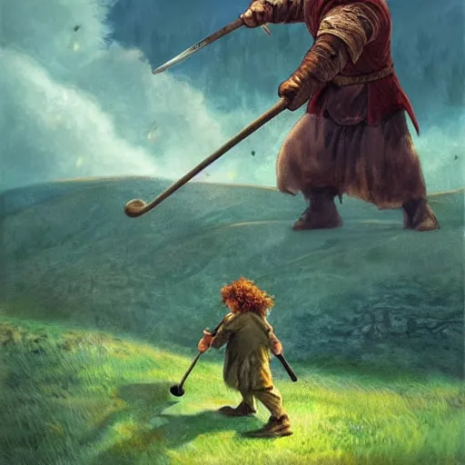 Prompt: A warrior hobbit swings a club at the head of a goblin. The rolling hills of the shire are in the background. Digital fantasy art by Anato Finnstark and Alan Lee.