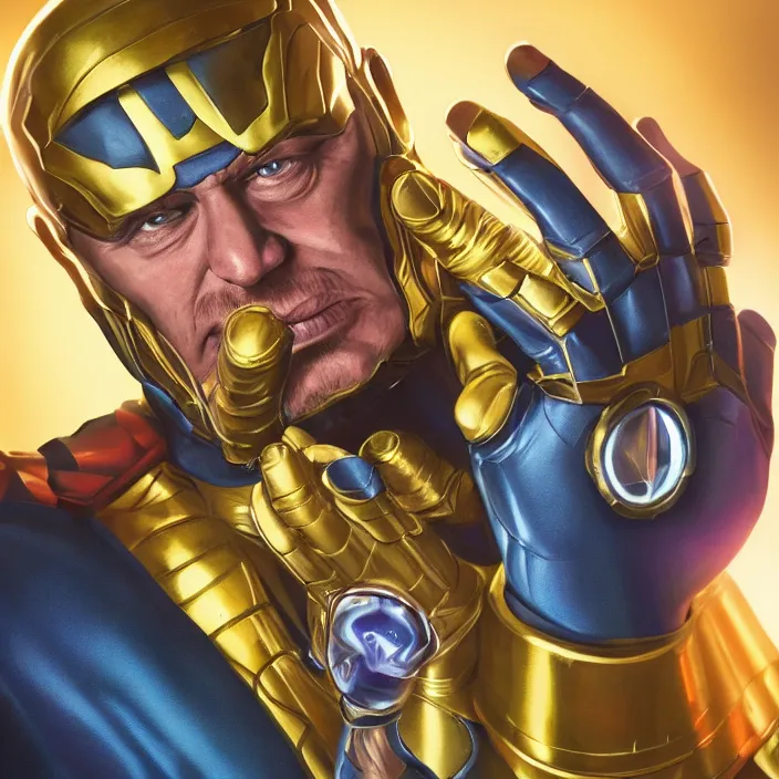 Image similar to portrait of Otto Waalkes, wearing The Infinity Gauntlet. Caricature artwork. trending on artstation, very coherent symmetrical artwork. avengers. thanos. cinematic, hyper realism, high detail, octane render, 8k, iridescent accents