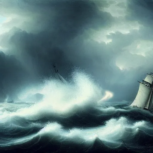 Prompt: a ship sinking in a raging storm, dark mood, amazing lighting, highly detailed