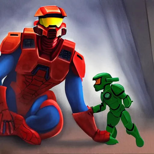 Prompt: Master Chief from Halo getting a pizza from Spiderman at an old apartment, digital painting