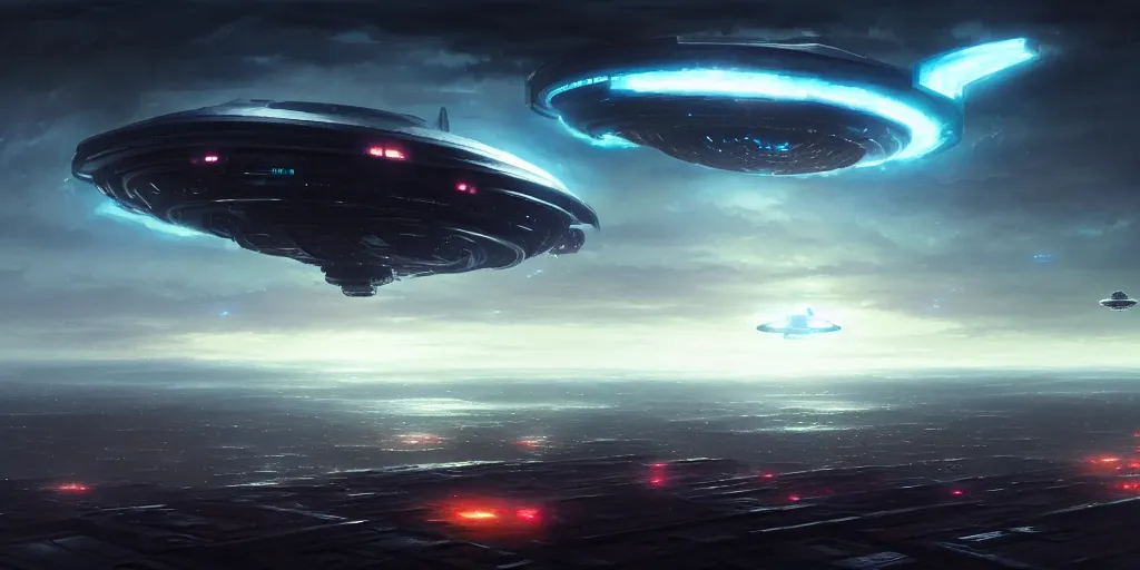 Image similar to alien mothership hovering in the sky above city, ultra high definition, sci - fi, fantasy, by greg rutkowski