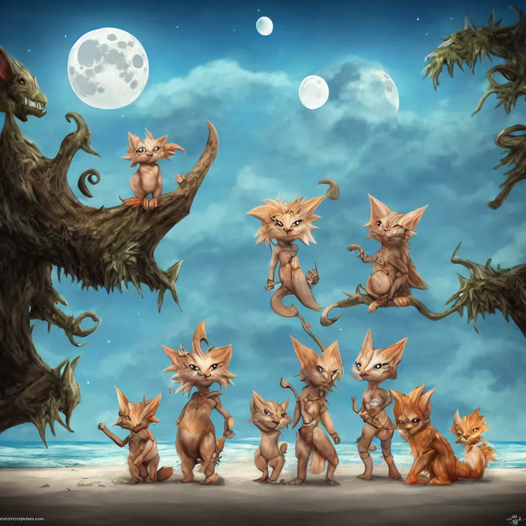 Image similar to cute fantasy critters at a beach looking at the moon, ultra realistic, concept art, highly detailed