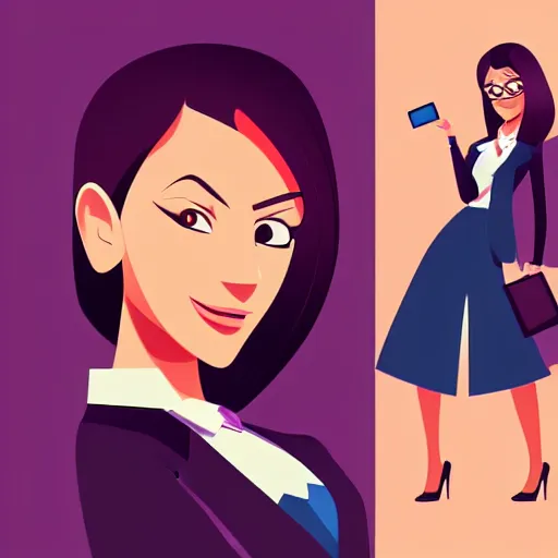 Prompt: 2 d character design, business woman, vector art, digital art, portrait, 4 k, 8 k, sharp focus, smooth, illustration, concept art