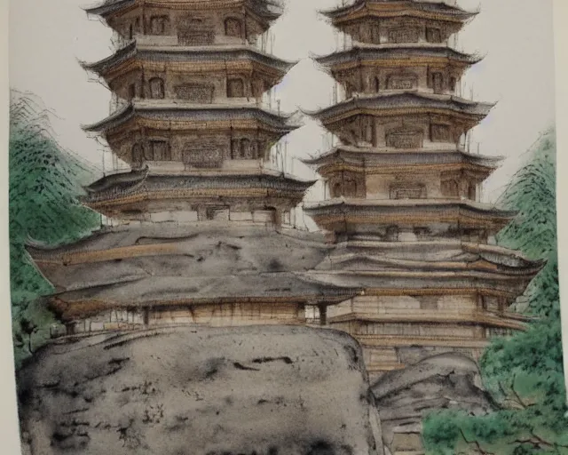 Image similar to twin buddhist pagodas made of stone, in landscape, traditional chinese watercolor,