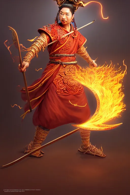 Image similar to charming nezha, highly detailed, man holding spear, flame everywhere, epic pose, masterpiece chinese fantasy character portrait, highly detailed, digital painting, trending on artstation, concept art, sharp focus, illustration, global illumination, ray tracing, realistic shaded, art by artgerm and greg rutkowski and fuji choko and viktoria gavrilenko and hoang lap