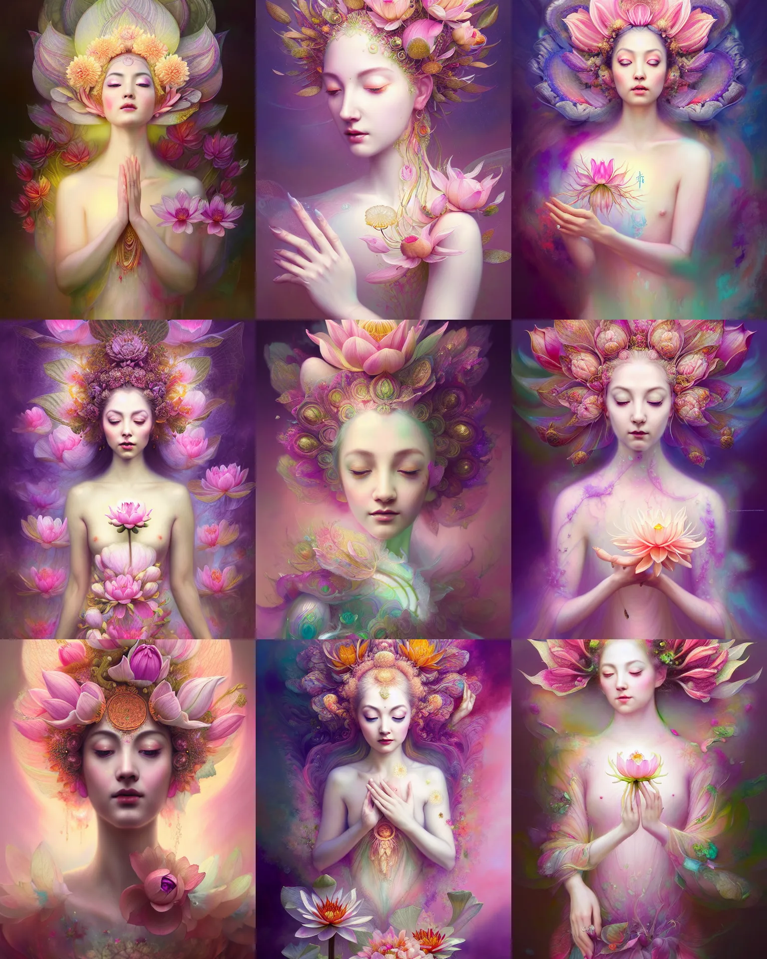 Prompt: Full View realistic Portrait ethereal lotus flower deity wearing beautiful dress, lotus flower Dryad beautiful dress, spirituality, 4k digital masterpiece by Anna Dittman and Alberto Seveso Ruan Jia, rossdraws, fantasycore, Hyperdetailed, realistic oil on linen, soft lighting, Iconography background, featured on Artstation