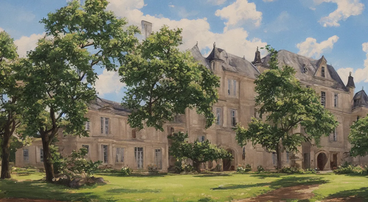 Prompt: a painting of a French manor, in the style of anime