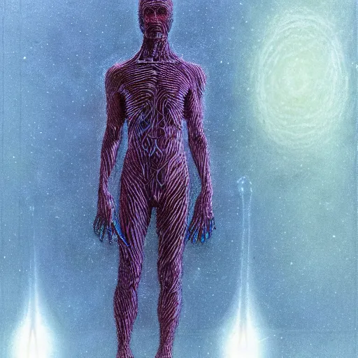Image similar to an exhausted deity, contemplating existence, beyond the known universe, fine art, bokeh, omnidimensional, ocd, electroluminescent wire by wayne barlowe