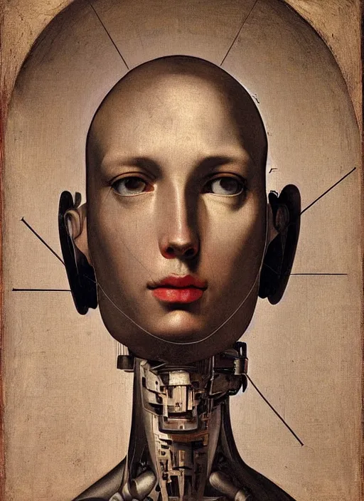 Prompt: portrait or a cyborg with a brain machine interface by Caravaggio, masonic iconography