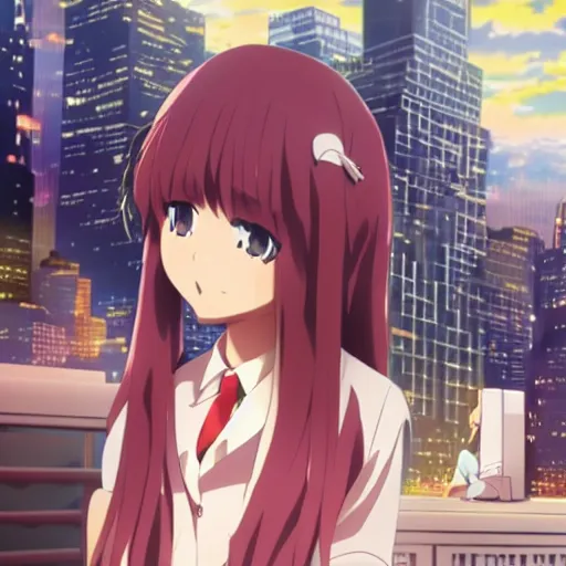 Prompt: Key Anime Visual a macro anime girl sitting on a miniature manhattan, official modern anime