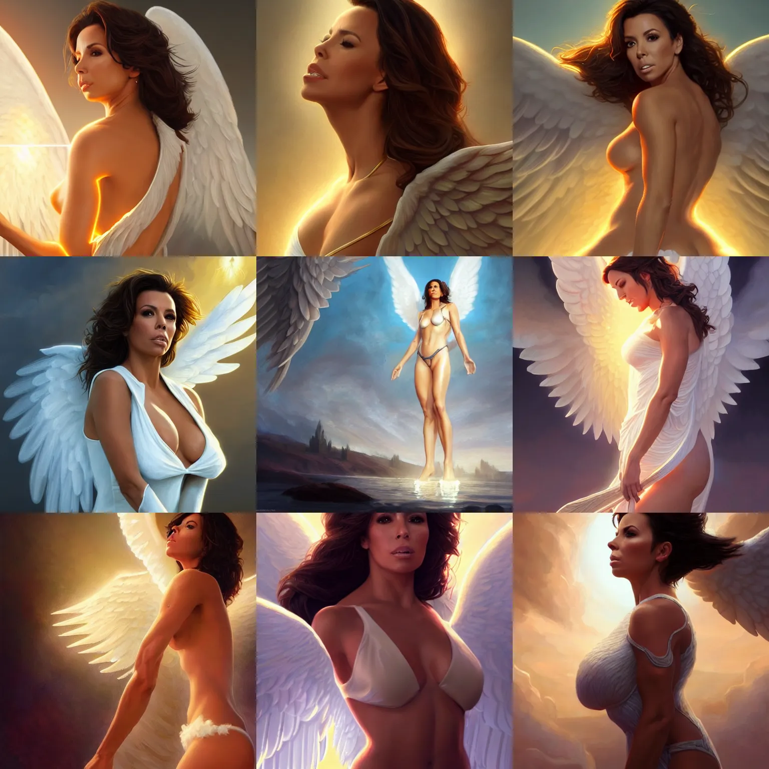 Prompt: eva longoria as a heavenly angel, anatomy, bathing in light, highly detailed, digital painting, artstation, concept art, smooth, sharp focus, illustration, unreal engine 5, 8 k, art by art by artgerm and greg rutkowski and edgar maxence