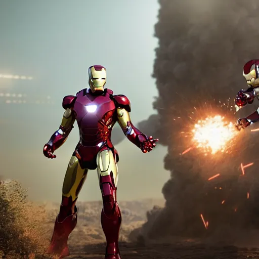 Image similar to iron man and war machine fighting, unreal engine 5, hyper detailed, realistic, volumetric lighting, octane render, 4 k