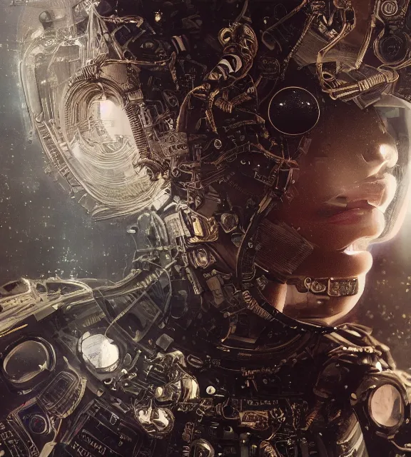 Image similar to hyperrealistic portrait of a woman monster astronaut, sofia coppola, cyberpunk, well lit, intricate abstract. gucci style, intricate artwork, high detail, figurative art, multiple exposure, poster art, 3 d, by stanley kubrick and tooth wu and wlop and beeple, realistic, hyperdetailed, 8 k resolution.