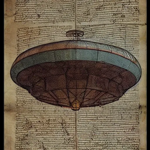 Image similar to vintage, detailed, colored sketch of ufo construction, all parts, with full descriptions, on old parchment, by leonardo da vinci!