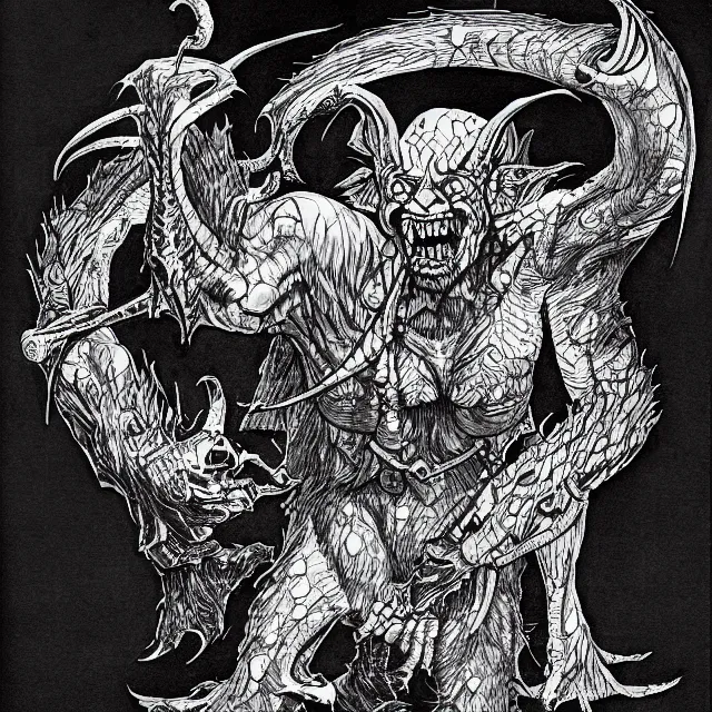 Image similar to Ink drawing of a draconic goblin shamen in the style of the AD&D monster manual detailed HD 8k High Resolution
