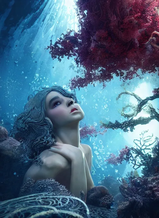 Image similar to beauteous underwater biomechanical incredible hair, crystalline masterpiece incrustations, hyperdetailed face, elegant pose, movie still, intricate, octane render, cinematic forest lighting, cgsociety, unreal engine, crepuscular rays, god rays, caustic lighting