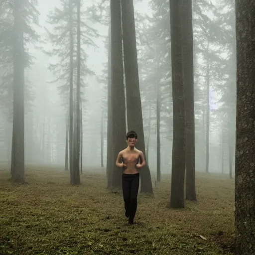 Prompt: eerie forest, foggy twilight, pale, shirtless teenage boy looking scared. hiding. photo 8 k.