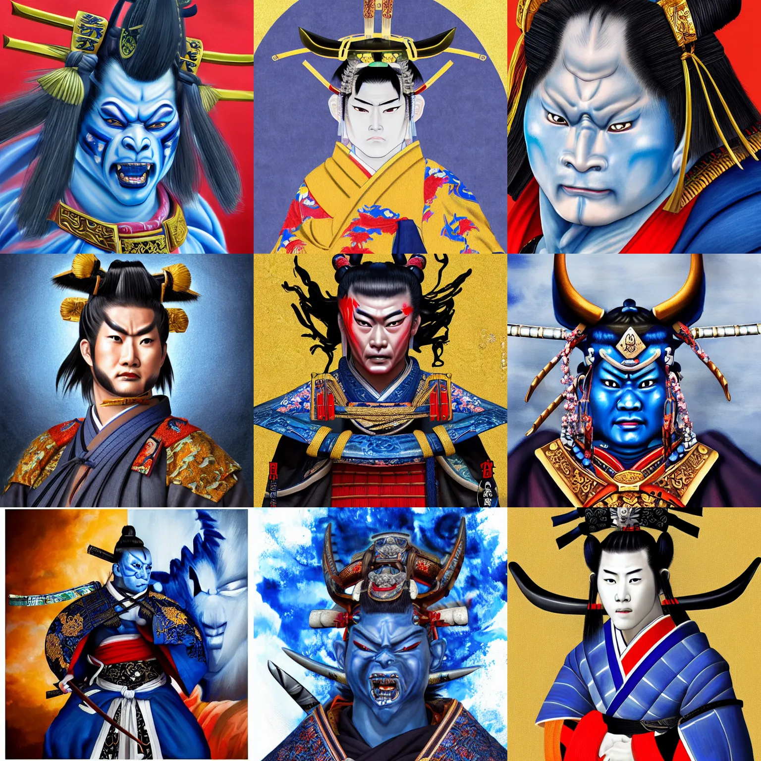 Prompt: a painting of a tokugawa era samurai but a blue oni demon 鬼 👹 official portrait highly detailed, 4 k, hdr, smooth, sharp focus, high resolution, award - winning photo, illustrated by anne stokes, photorealistic