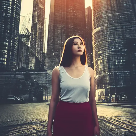 Image similar to portrait of 2 5 - year - old woman godess with angle 9 0 ° centred looking away fresh air, strong spirit, 8 k, cinematic scene, background city blured futuristic