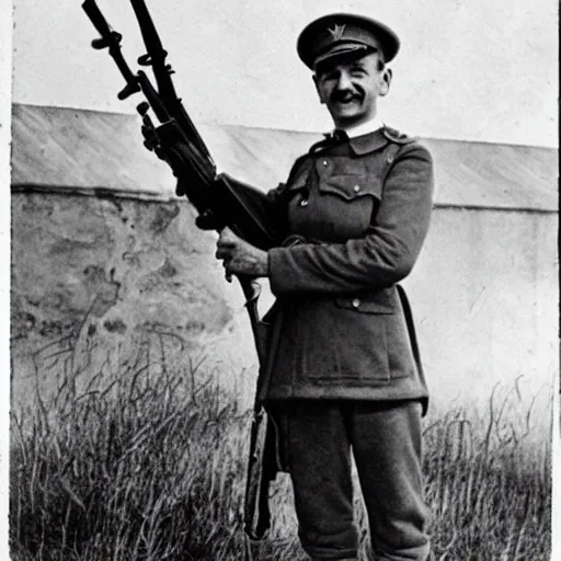 Image similar to old wartime photograph of mr bean holding a lewis gun, 1 9 1 7