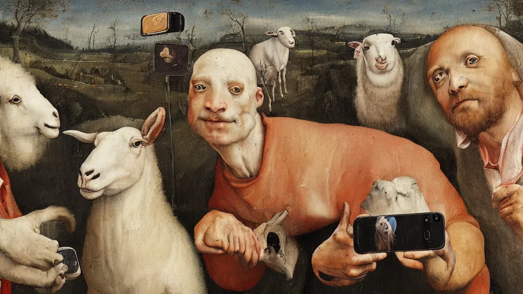 Image similar to A butcher and sheep taking a selfie smiling, in the fashion of Hieronymus Bosch, oil on canvas, painting, 4k, wide shot