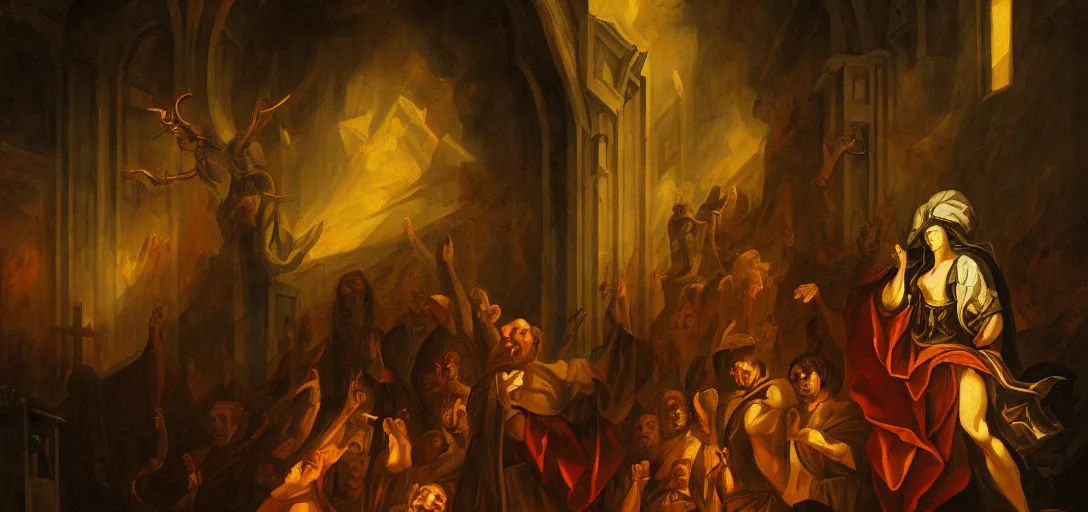 Image similar to baroque oil painting of satan in church, brutalist, dark fantasy, sunset, rule of thirds, digital cel shading, fake hidden detail, trending on pixiv fanbox