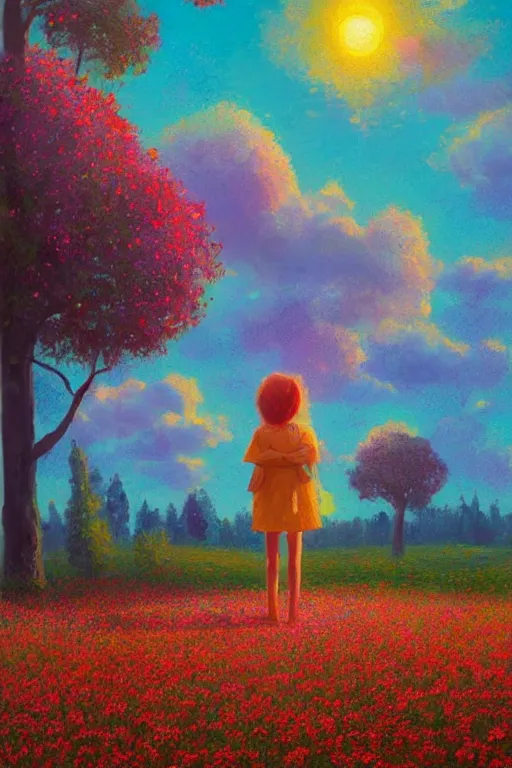 Image similar to girl with big flower as a face, standing in a flower field, big trees, sunrise dramatic light, impressionist painting, colorful clouds, digital painting, pointillism, artstation, simon stalenhag