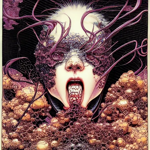 Image similar to closeup of face melting and tongues, by yoichi hatakenaka, masamune shirow, josan gonzales and dan mumford, ayami kojima, takato yamamoto, karol bak