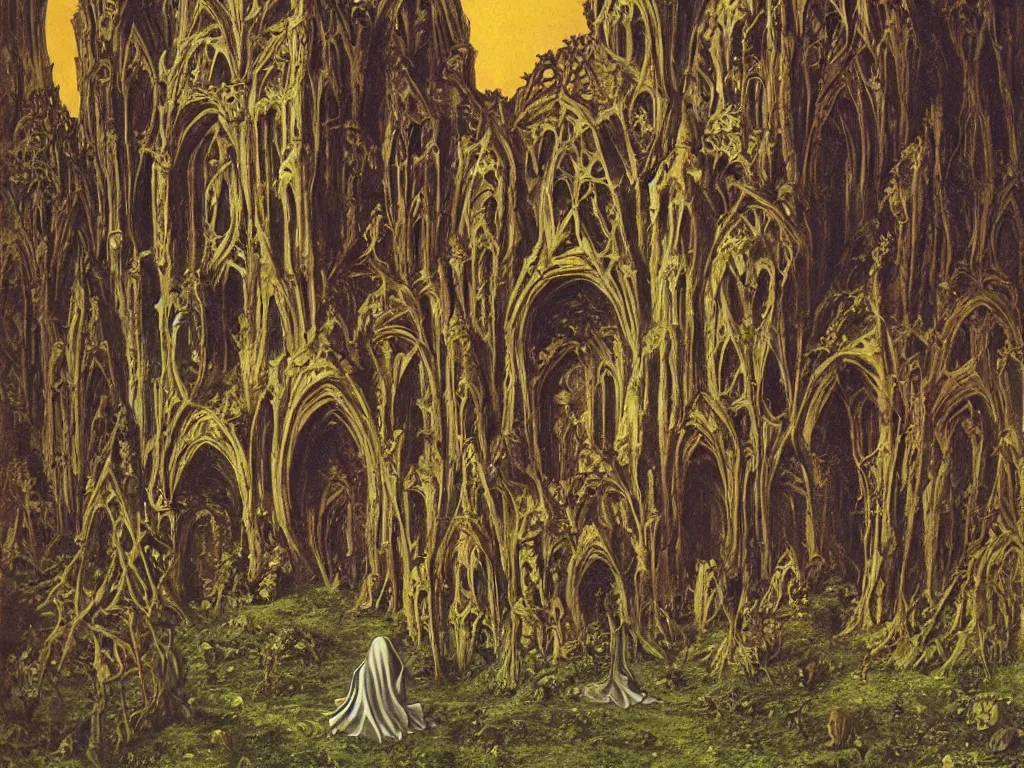 Prompt: Ruined gothic cathedral on Mars. Ivy, carnivorous plants. Cloak covered man on his knees. Painting by Lucas Cranach, Moebius, Roger Dean