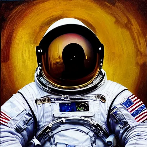 Prompt: “astronaut on board international space station wearing black space suit and gold helmet, highly detailed, realistic, portrait, photorealistic, proportional, beauty, fish eye lens, nasa, spacex, in the style of Edward hooper oil painting sun rising”