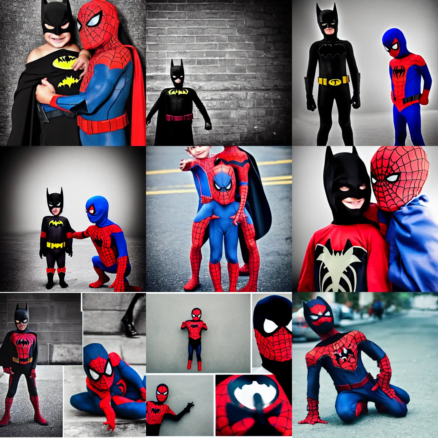 Prompt: Photography, A Batman with a boy as Spiderman , big smile