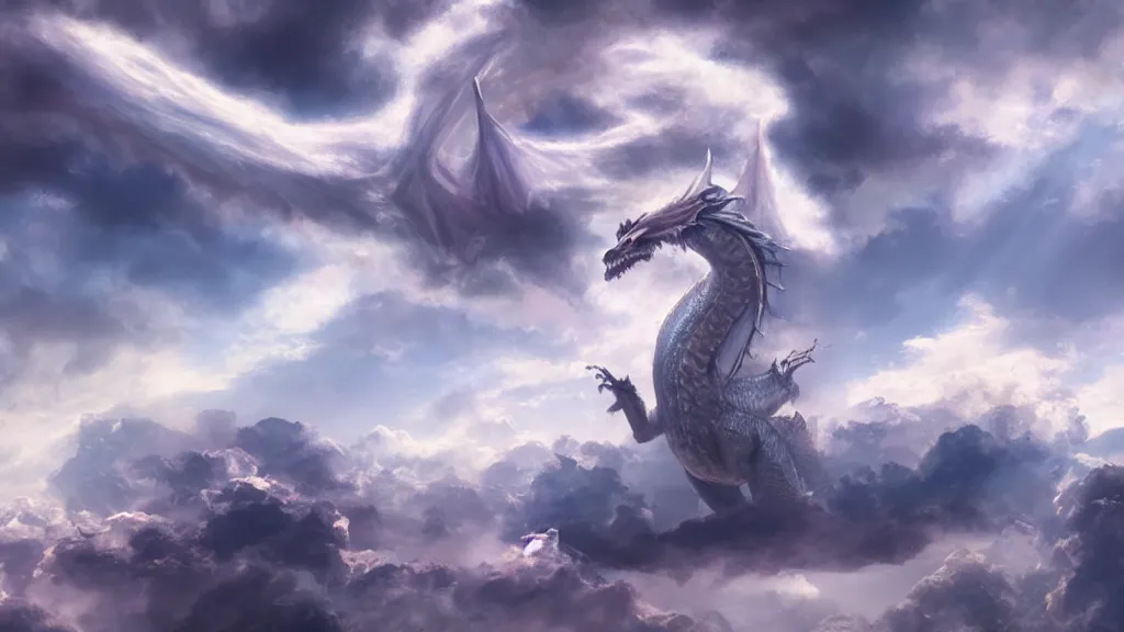 Image similar to A dragon made of clouds, concept art, matte painting, 8k, highly detailed, artstation, fluffy clouds, high quality,