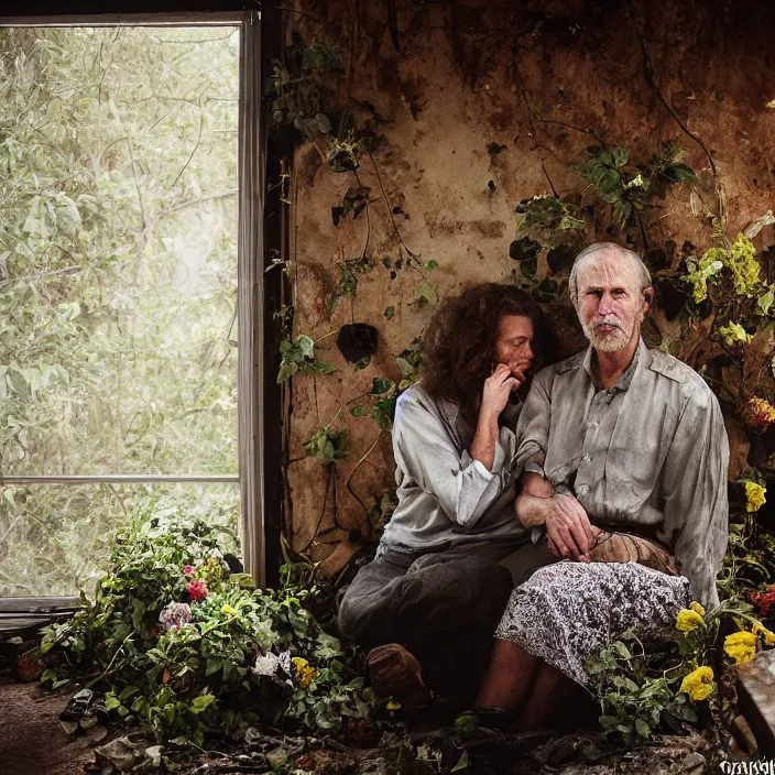 Prompt: closeup portrait of a couple eating flowers, in a desolate abandoned house overtaken by nature, by Annie Leibovitz and Steve McCurry, natural light, detailed face, CANON Eos C300, ƒ1.8, 35mm, 8K, medium-format print