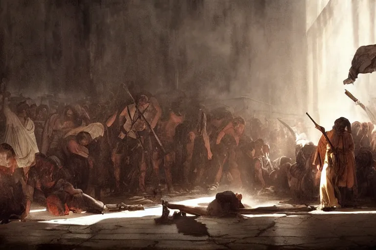 Prompt: Movie scenes of Romans public executions 100 AD, in the style of Greg Rutkowski and Michelangelo and Eugène Delacroix, extremely moody lighting, glowing light and shadow, atmospheric, shadowy, cinematic