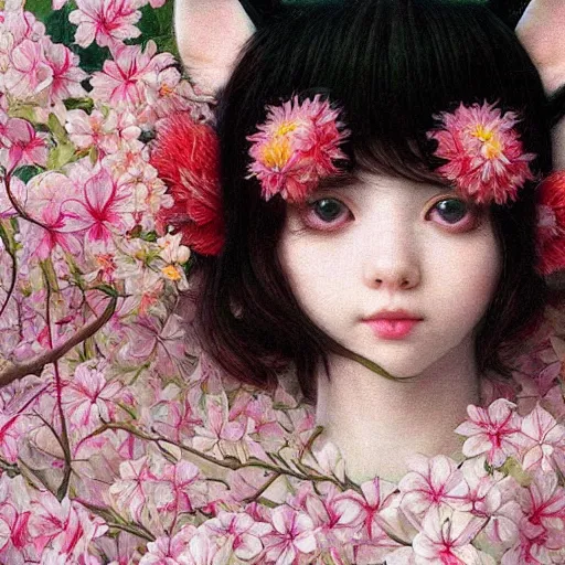 Prompt: white cat girl, botanical, azalea, portrait face, colorful, frantisek kupka, intricate, miles johnston, kuroda seiki, cynical realism, ozabu, john william godward, painterly, yoshitaka amano, moebius, miles johnston, louise zhang, james jean, mark ryden lowbrow pop surrealism art style