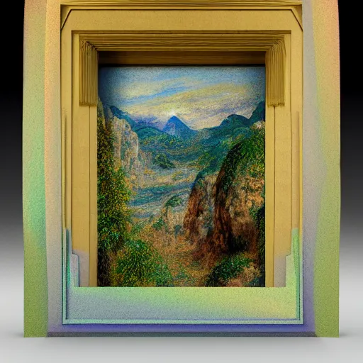 Image similar to japanese iridescent fuzzy mountain range rectangle jackal cedar tree vault mousse, by pierre - auguste renoir and peter paul rubens and brom, panorama, voxel, abstract