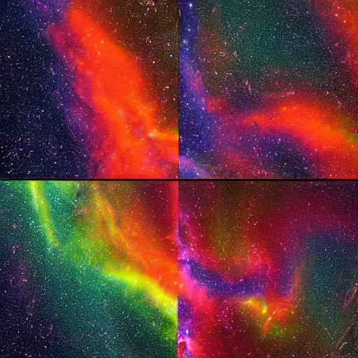 Image similar to a photo split into three horizontal sections. the top layer is the auora borealis. the middle layer is a mix between a giant squid, killer whale, and crab which swims under water amongst a school of colorful fish. the bottom layer is galaxies of outer space. 4 k, realistic