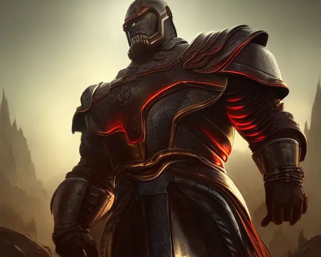 Prompt: ultrarealistic massive giant iron knight with red cape, giant metal helm bladed iron mantle black etched iron armor, thanos body, tree town, fantasy character portrait, octane render, extreme intricate details, cinematic lighting, volumetric lighting, ultra wide angle, artstation, dnd art, cgsociety, sharp focus, digital painting by artgerm, gerald brom, wlop