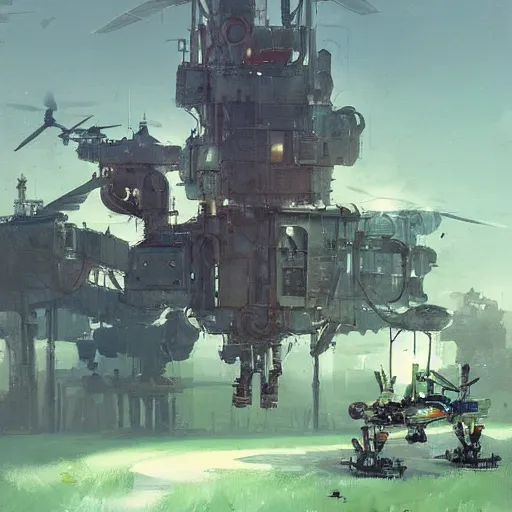 Image similar to dieselpunk concept art of a modest farm with drones and mechas working on it, grimy, gritty, dieselpunk trending on artstation, award winning painting, cgi, art by john berkey and anton fadeev and john howe and simon stalenhag